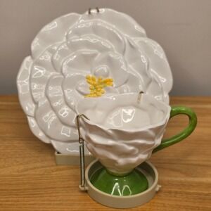Vintage Teleflora Gift Ceramic Teacup & White Rose Flower Saucer With Stand